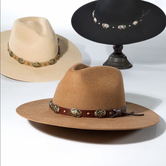 Western Wool Panama Hat with Gold Concho Metal Belt in BLACK - Picture 7 of 13